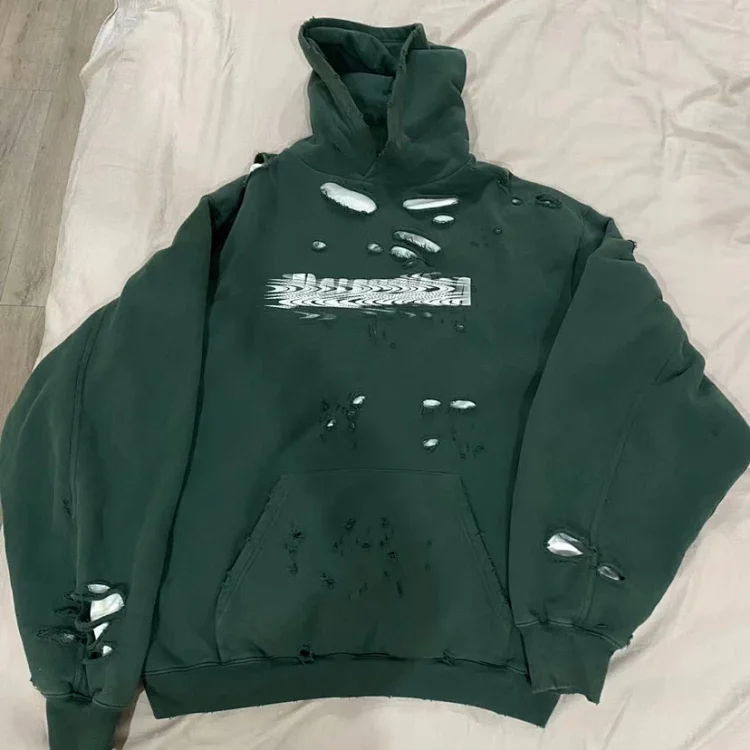 Distressed Green Hoodie with White Logo - Ripped Design [7 styles]