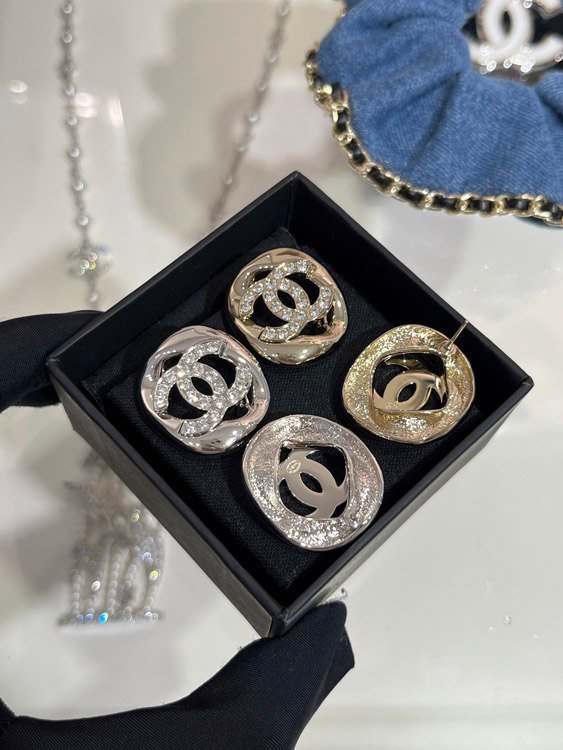 Celine silver full diamond double C hollow square earrings -2