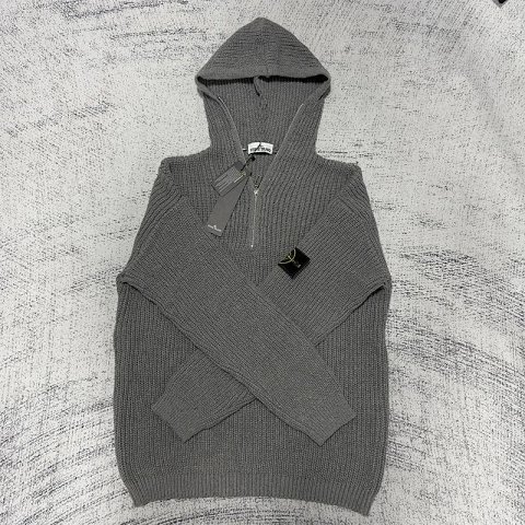 Gray Ribbed Hooded Knit Sweate