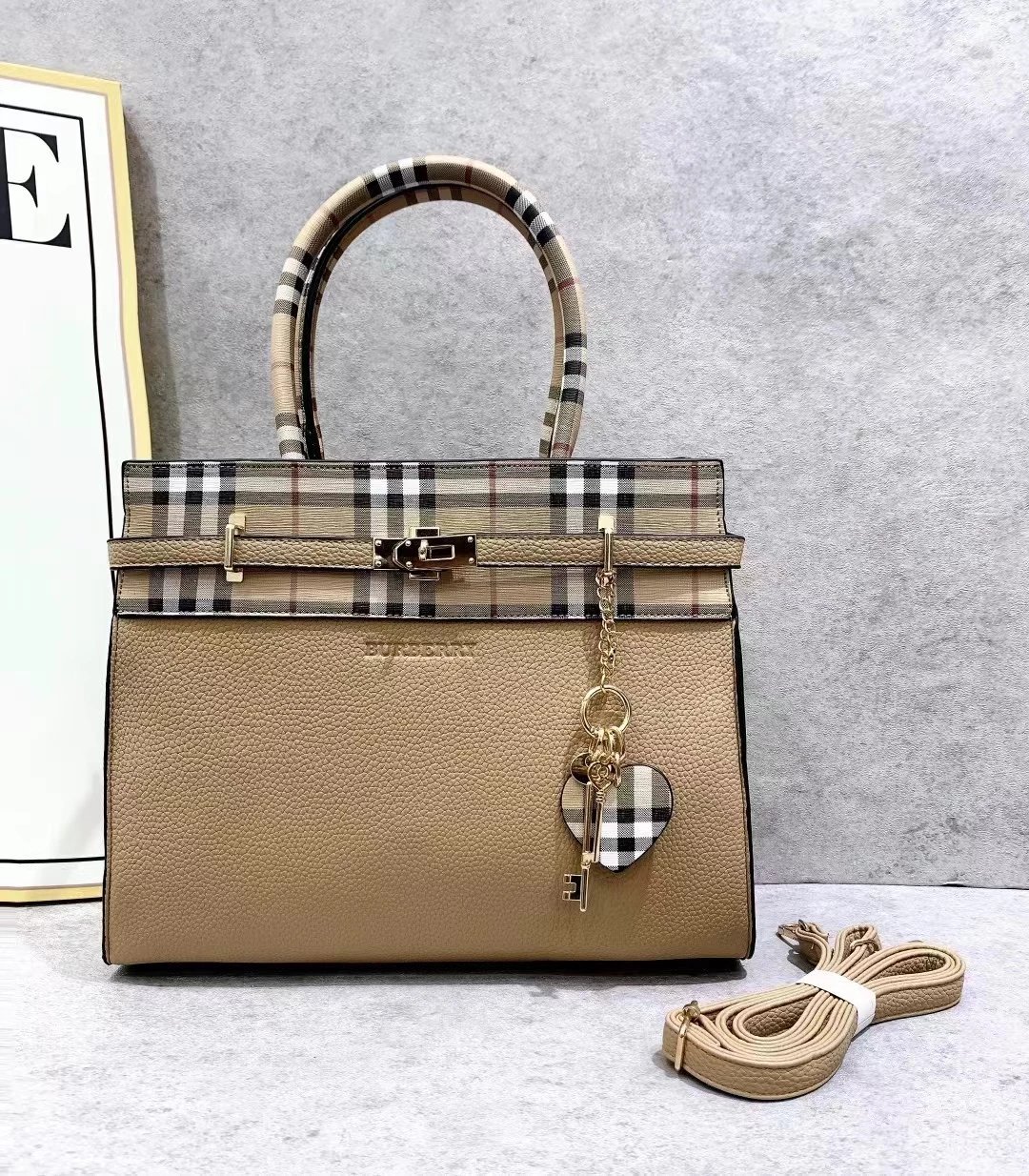 Plaid Trim Top Handle Bag 8030