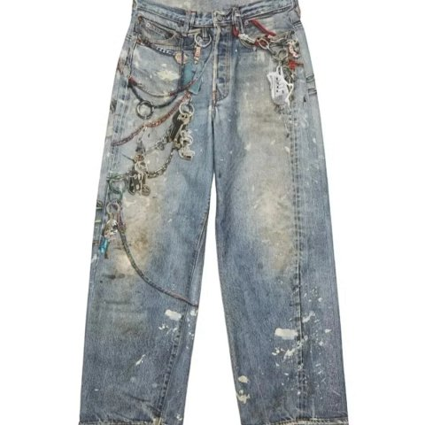 Washed Wide-Leg Jeans with Chain Detail -2