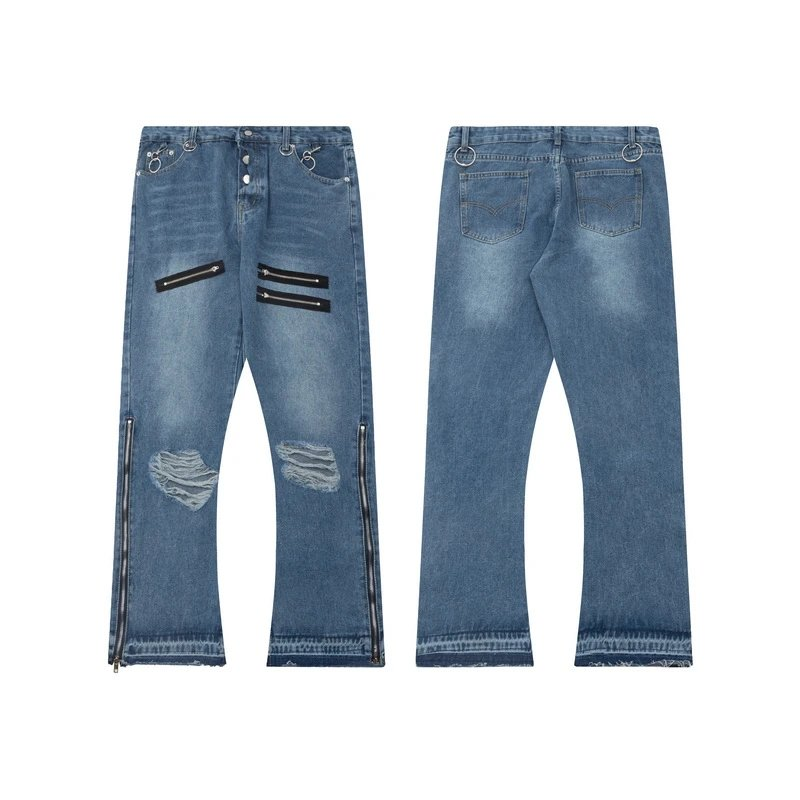 Zip-Detail Distressed Denim Je